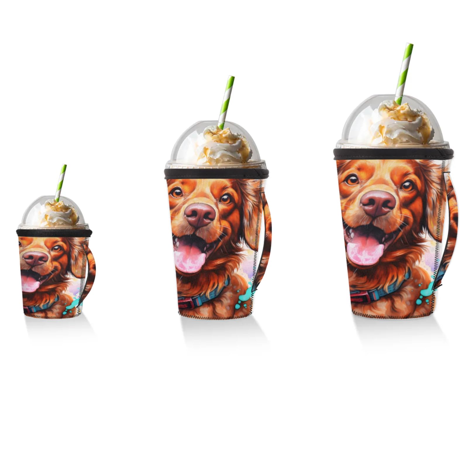 Cute Watercolor Dogs Reusable Neoprene Coffee Sleeve with Handle Insulated Iced Coffee Cup Holder Reduces Condensation Fits 24-28 oz Cups M