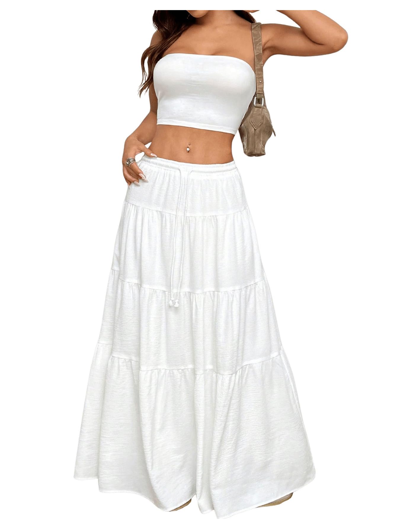 SOLY HUX Womens Summer 2 Piece Outfits Bandeau Tube Top and Ruffle Hem Long Skirt Set