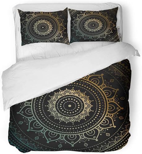 Juego de funda de edredón tamaño King size, plata negro y oro mandala sobre patrón étnico vintage Lotus 3 piezas microfibra tela decoración juegos