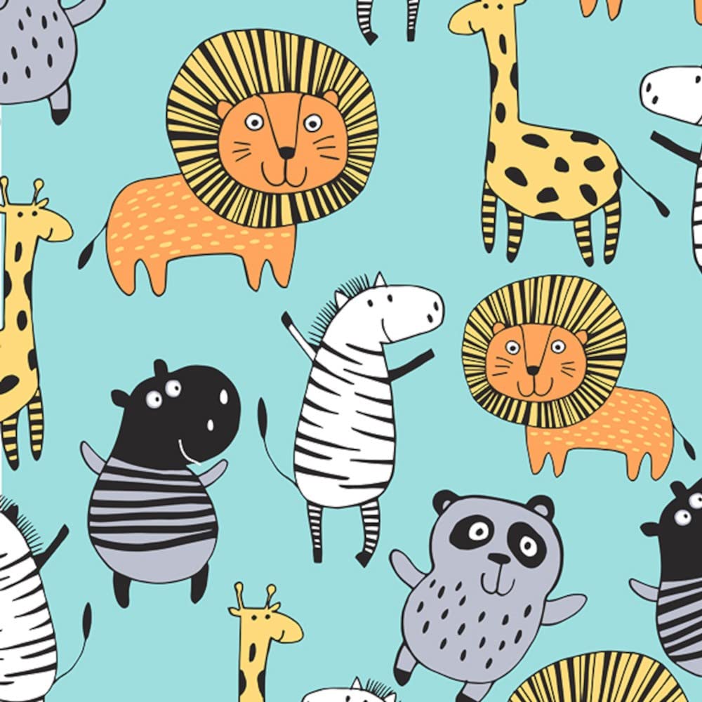 Polycotton Fabric Jungle Animals Safari Lion Giraffe Zebra Hippo Panda (Sky Blue)