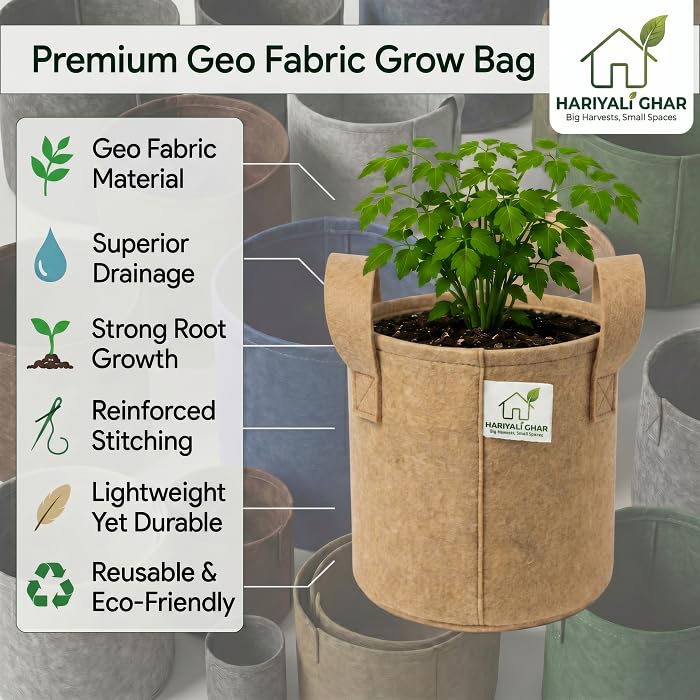 Image of 400 GSM Geo Fabric Round Grow Bags 8x8 Inch with Handle, Camel Color Planting Bags for Terrace and Kitchen Gardening Pack of 1