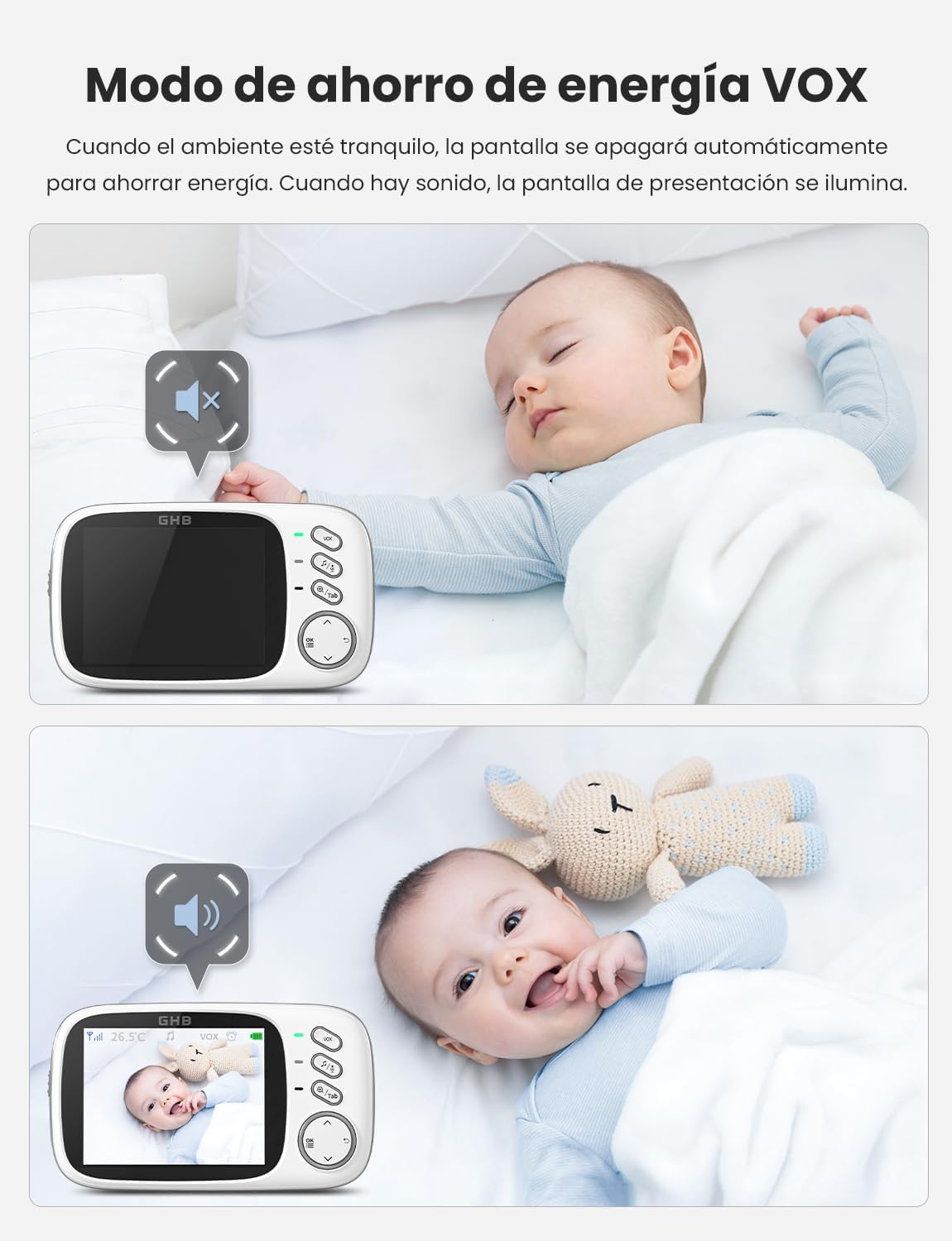 GHB Camara Vigilancia Bebe Vigilabebes con Camara con Pantalla 3.2" HD Vigilabebes VOX, Visión Nocturna, Despertador, Comunicación Bidirecciona Escucha Bebes
