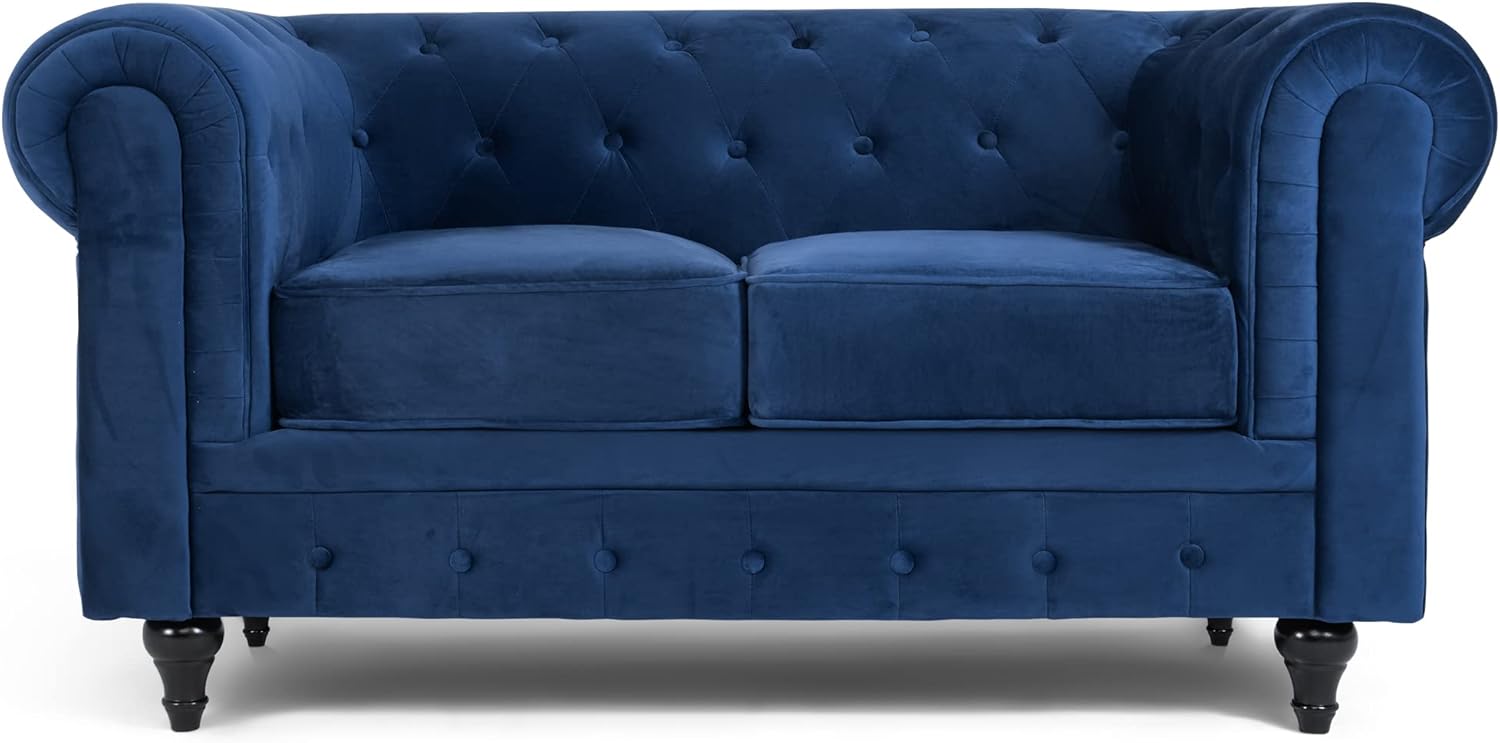 Bravich Velvet Chesterfield Sofa Blue. 2 Seater Settee, Soft Plush