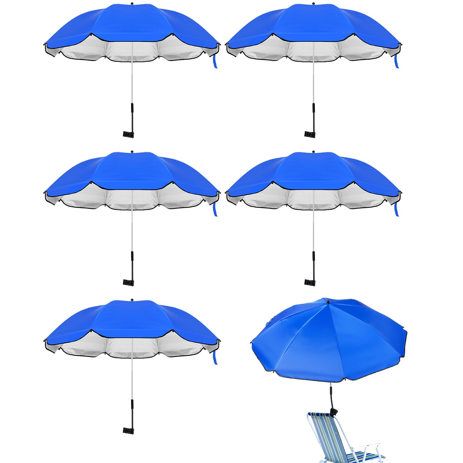 Silkfly Strandkorbschirm mit Universalklemme, verstellbar, UPF 50+, 360° Strandschirm, 96,5 cm, tragbarer Golfschirm für Stuhl, verstellbarer Schirm, für Strand, Camping, Terrasse, 6 Stück