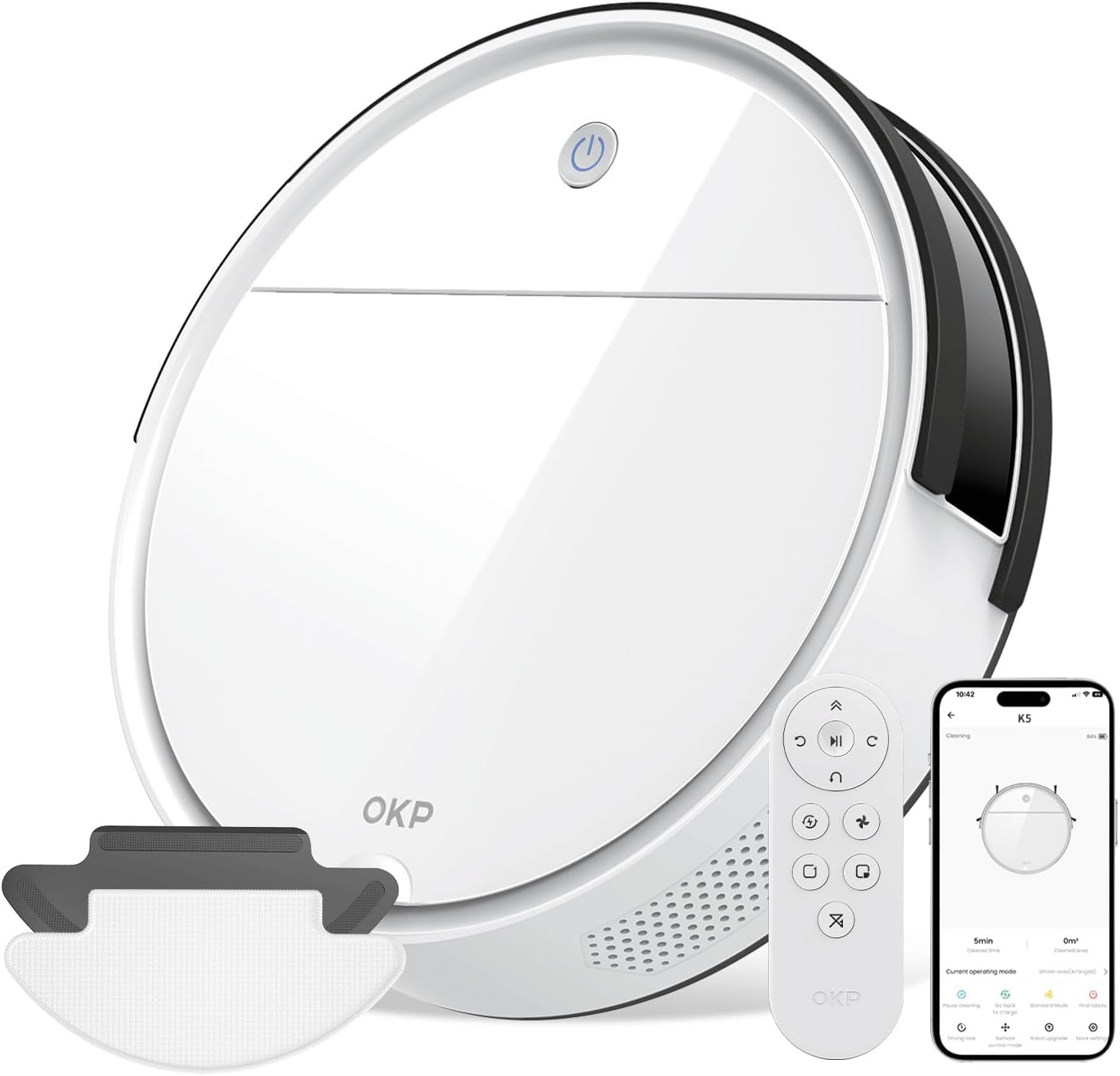 OKP Robot Vacuum Cleaner with Mop, 5000Pa, 180min Runtime, Auto Carpet Boost, 4 Cleaning Modes, 3 inch Ultra-thin, WiFi/APP/Alexa Voice Control, Robotic Vacuum for Carpets Pet Hairs