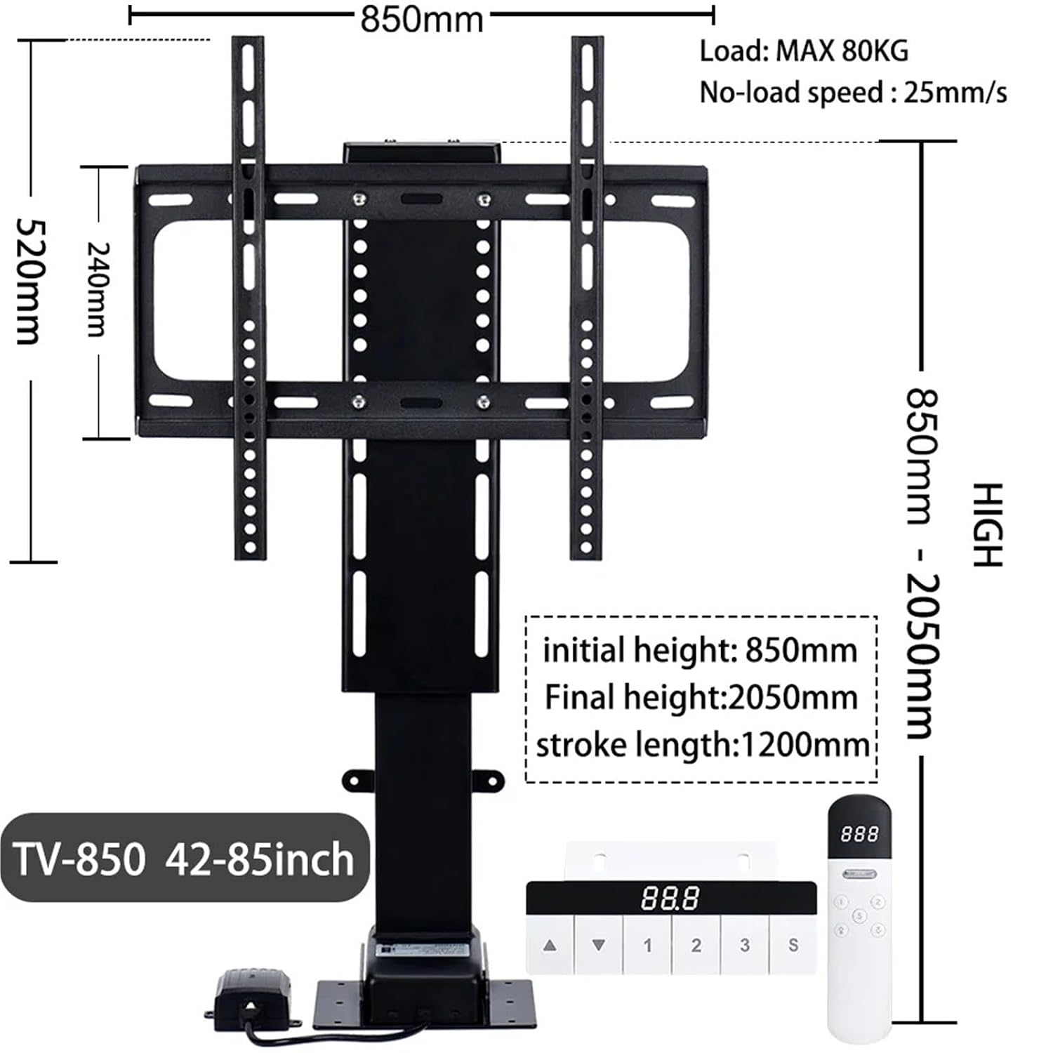 Motorized TV Lift for 32“ ~100" TVs,Height Adjustable TV Stand and Wall Mount Remote Control and Memory Setting Lift TV Bracket(TV850 42-85inch)