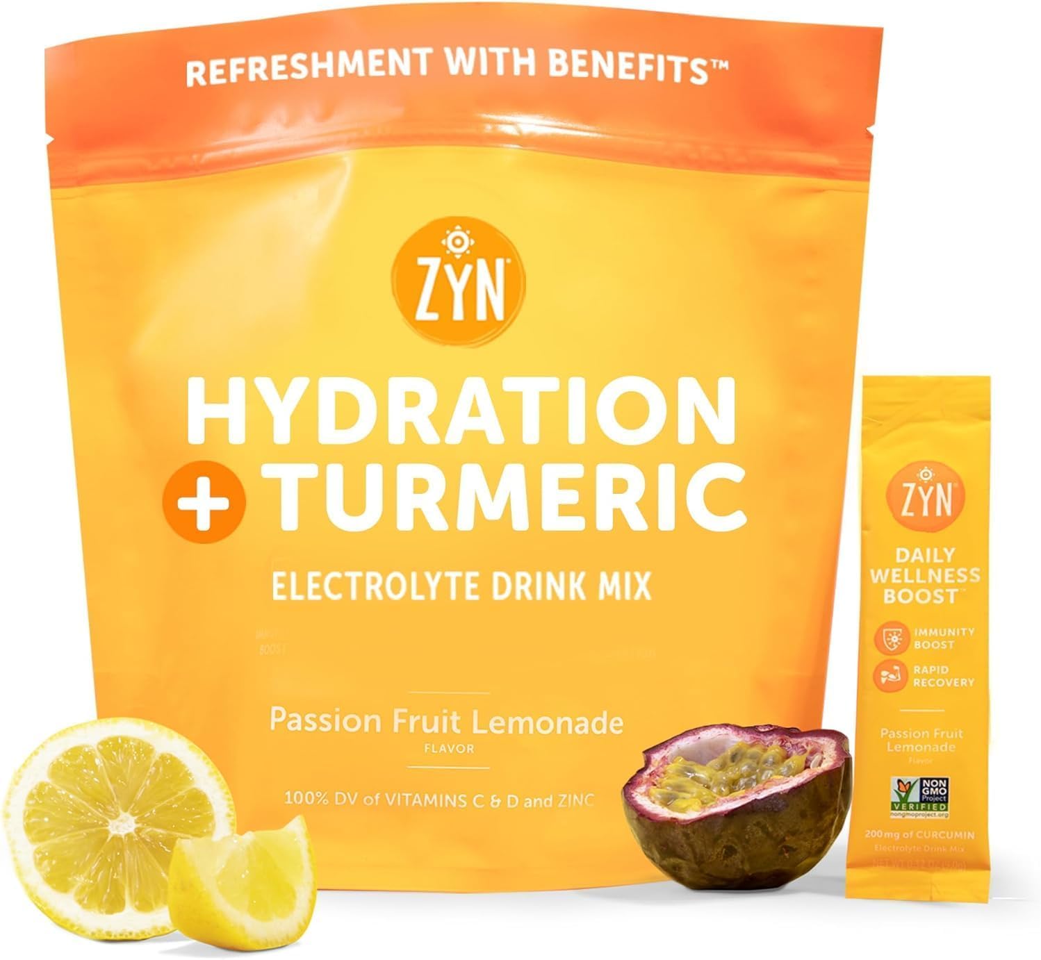 ZYNElectrolytes Powder Hydration Packets with Vitamins, Zinc & Turmeric Curcumin for Gut Health, Immune Support, Low Sugar Electrolyte Drink Mix Packets (20 Sachets, Passion Fruit Lemonade)