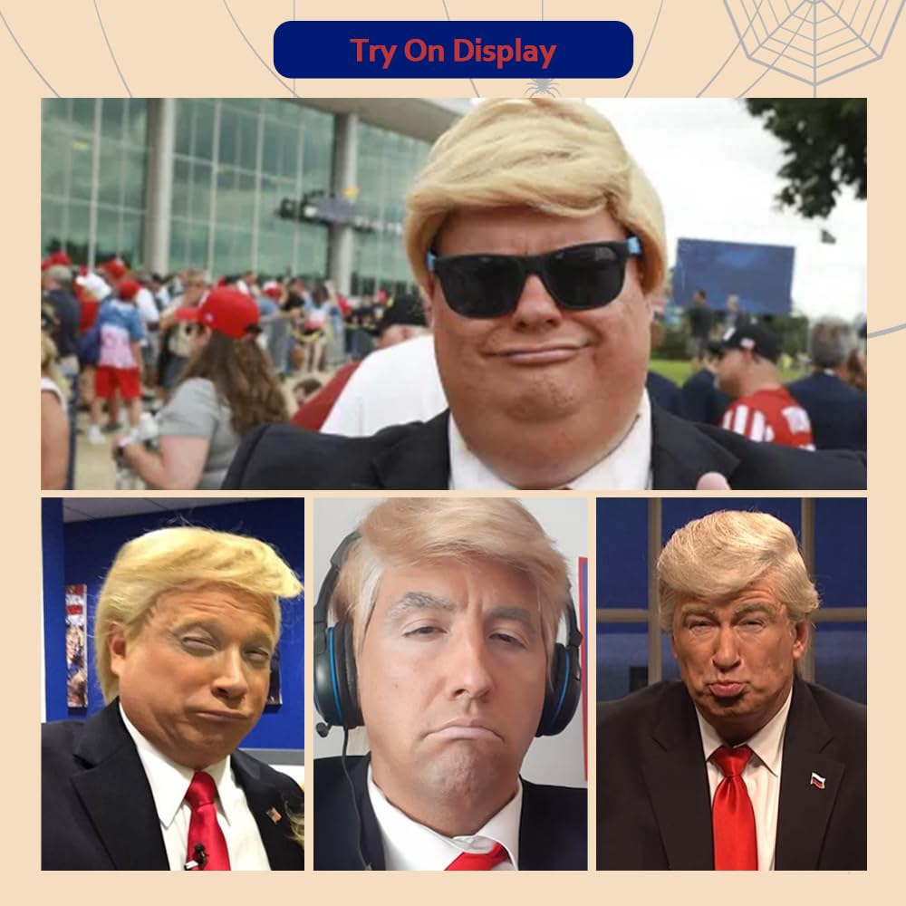 MESINURS Trump peruka kostiumy na Halloween - prezydent Donald zabawna treska z czerwonym krawatem i flagą broszka dla dorosłych, impreza celebrytów blond peruka odzież dla mężczyzn kobiet (WIG +