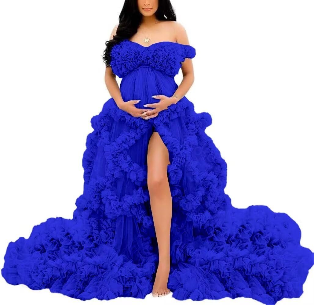 YIANN Royal Blue Tulle Robe Maternity Dresses for Photoshoot with Train Pregnancy Dress Long Bridal Lingerie Baby Shower Robe UK14