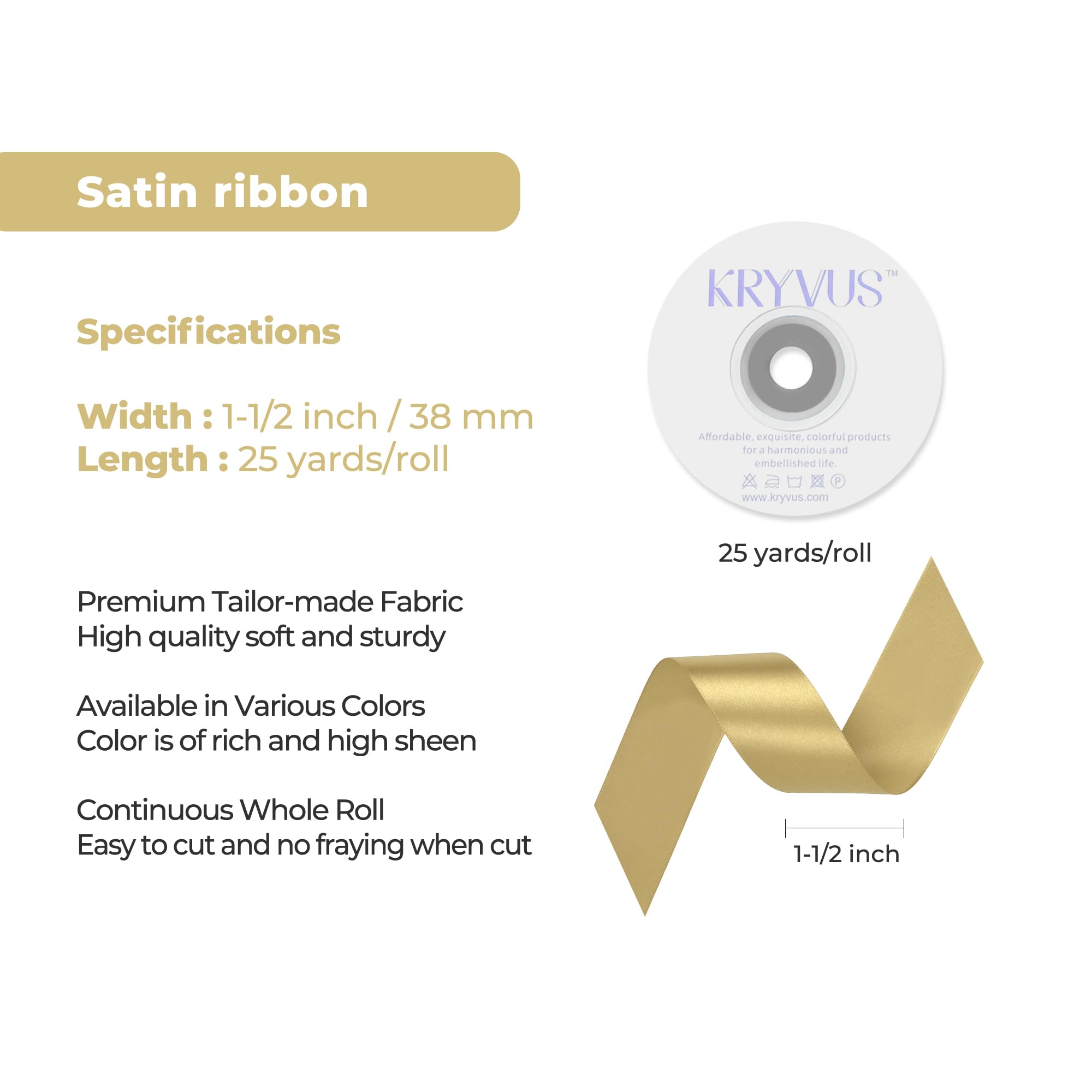 Kryvus Champagne Gold Satin Ribbon, 38mm x 22M Single Face Champagne Gold Ribbon - Image 3