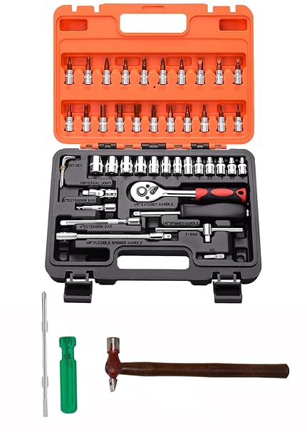 Digital Craft Multifunction Hand Tool Kit Car Ratchet Wrench Assembly Tool Household Repair Tools Automotive Set 46PC Socket Set,6Inch 2 In 1 Screw Driver,Hammer 200 gm,