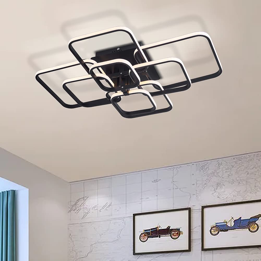 XEMQENER 108W LED Ceiling Light for Living Room, Color Changing and Brightness Adjustable Flush Mount Lighting Fixture with Remote Control for Indoor Commercial Use (8 Black Squares, Dimming)