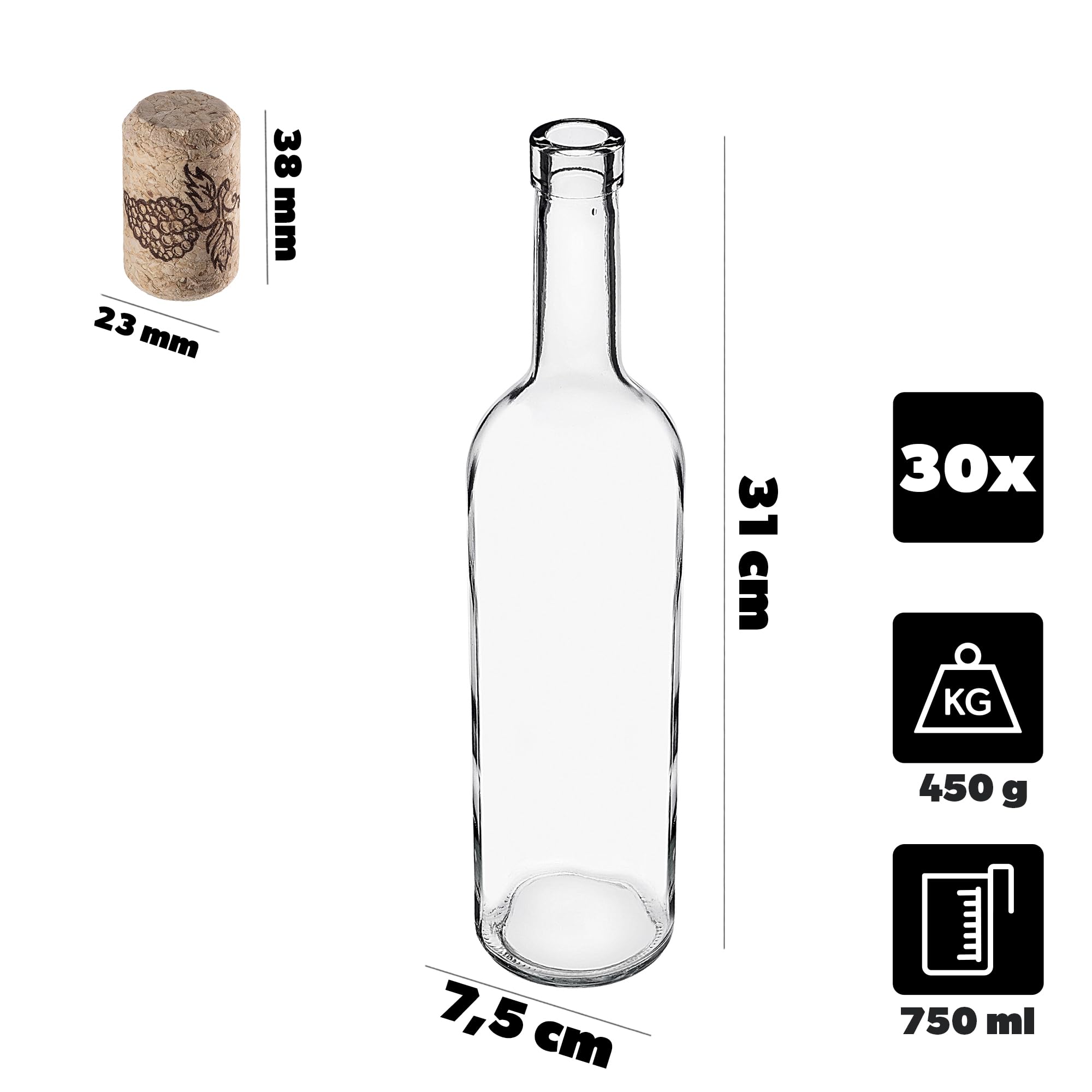 KADAX Set di 30 Bottiglie in Vetro 750ml con Tappo in Sughero – Bottiglie vuote da riempire per liquore, Grappa, Olio e aceto, Ideali per Regali e Fatte in casa