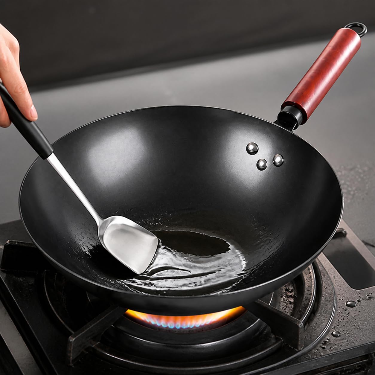 Wok Cinese in Ferro, Fondo Tondo , 30CM con orecchie+coperchio+spatola