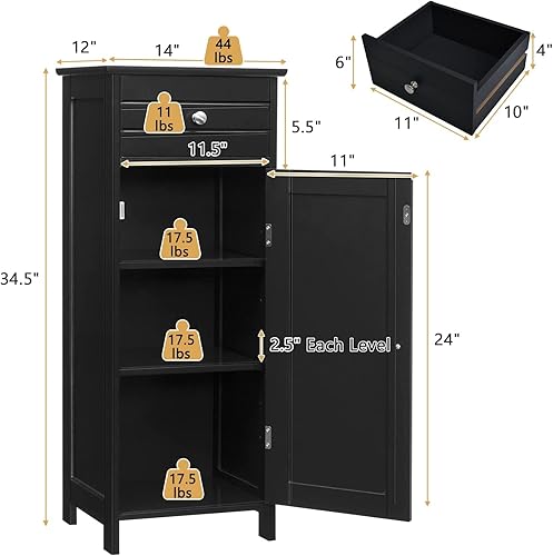 Miniatura 3 de LDAILY Armario de piso de baño, gabinete de almacenamiento independiente de una sola puerta con cajón grande y 2 estantes ajustables, unidad