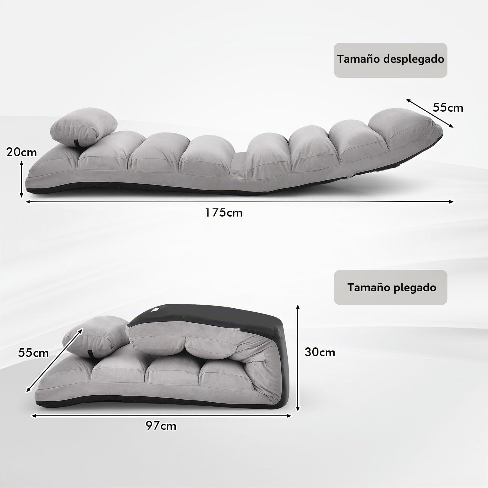 GOPLUS Sillón de Suelo con Respaldo Ajustable en 5 Niveles, Sofá Perezoso con Reposacabezas, Silla de Suelo Plegable Relax para Leer, Dormir y Relajarse, 175x55x20CM, Carga 120 kg (Gris)