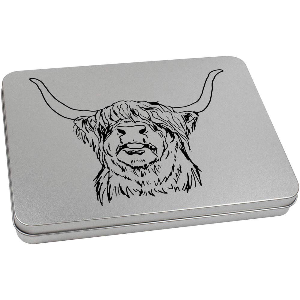 Azeeda 220mm 'Highland Cow Head' Metal Hinged Tin/Storage Box (TT00131143)