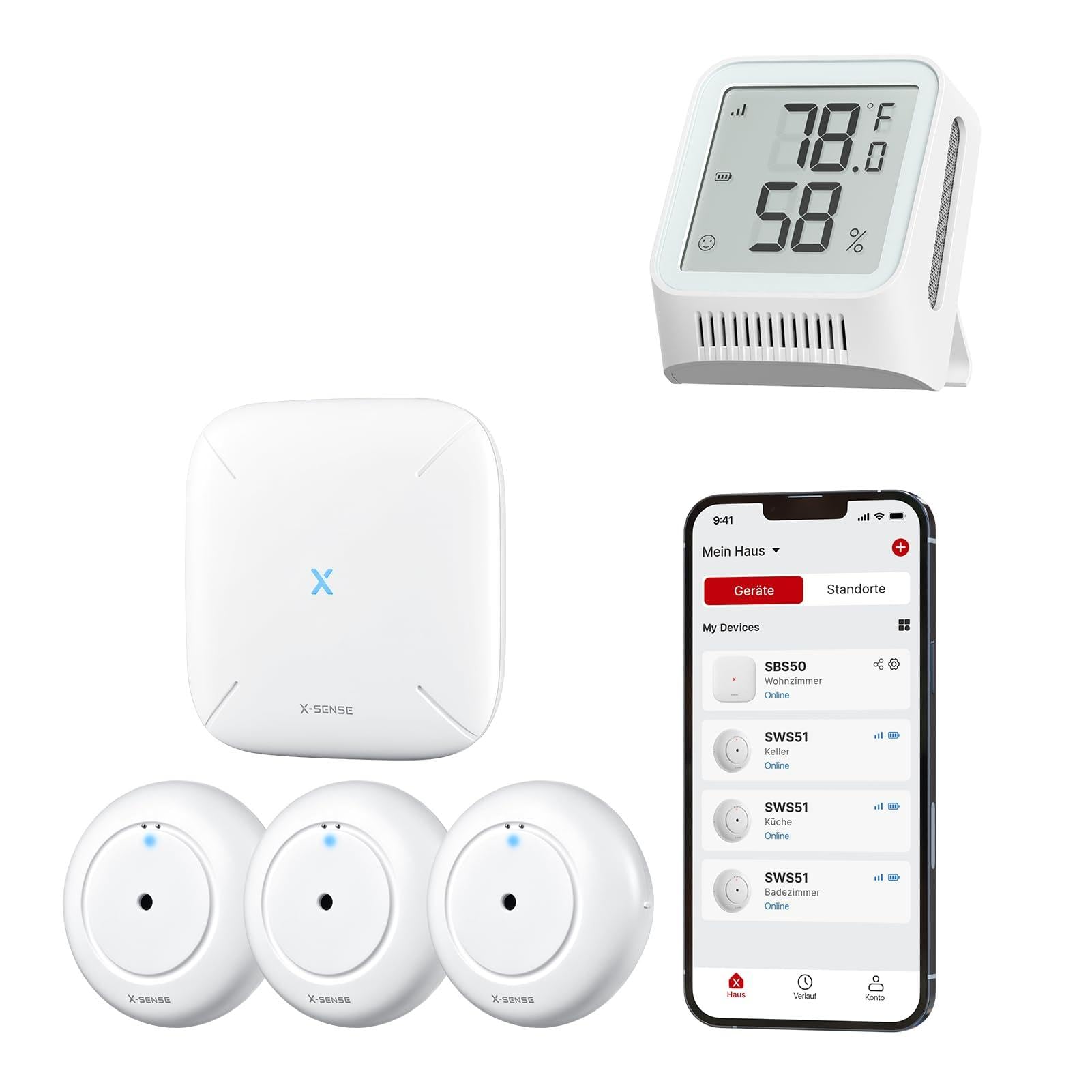 X-Sense Smart Wassermelder mit Batterie, WLAN Wassersensor, WLAN Hygrometer Thermometer Innen mit LCD-Display