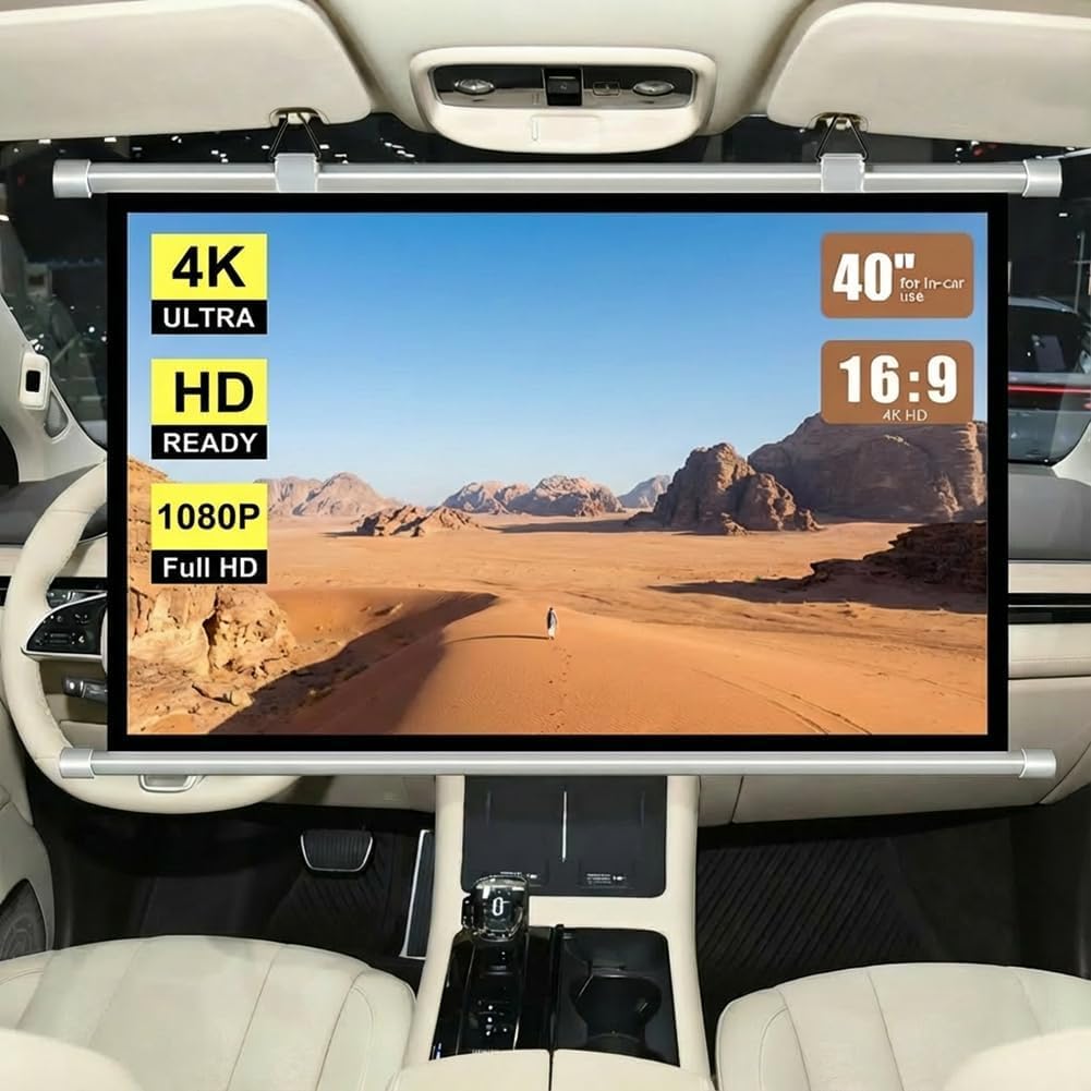 Projektor-Leinwand klein für Auto, 40 Zoll 16:9, 4K HD, tragbare Projektionsleinwand für Auto, manuelles Herunterziehen und Aufrollen Mini-Bildschirme, einziehbare kleine Projektor-Leinwände für Auto