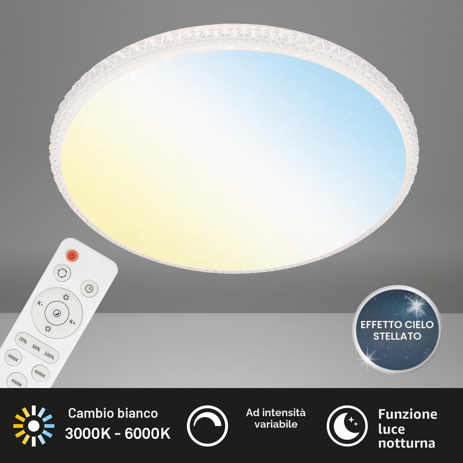 BRILONER Leuchten 3386-016 Plafoniera a LED effetto stellato e cristalli trasparenti, lampada da soffitto con funzione dimmer, telecomando, funzione luce notturna, timer e memoria, bianco, Ø 59,5 cm