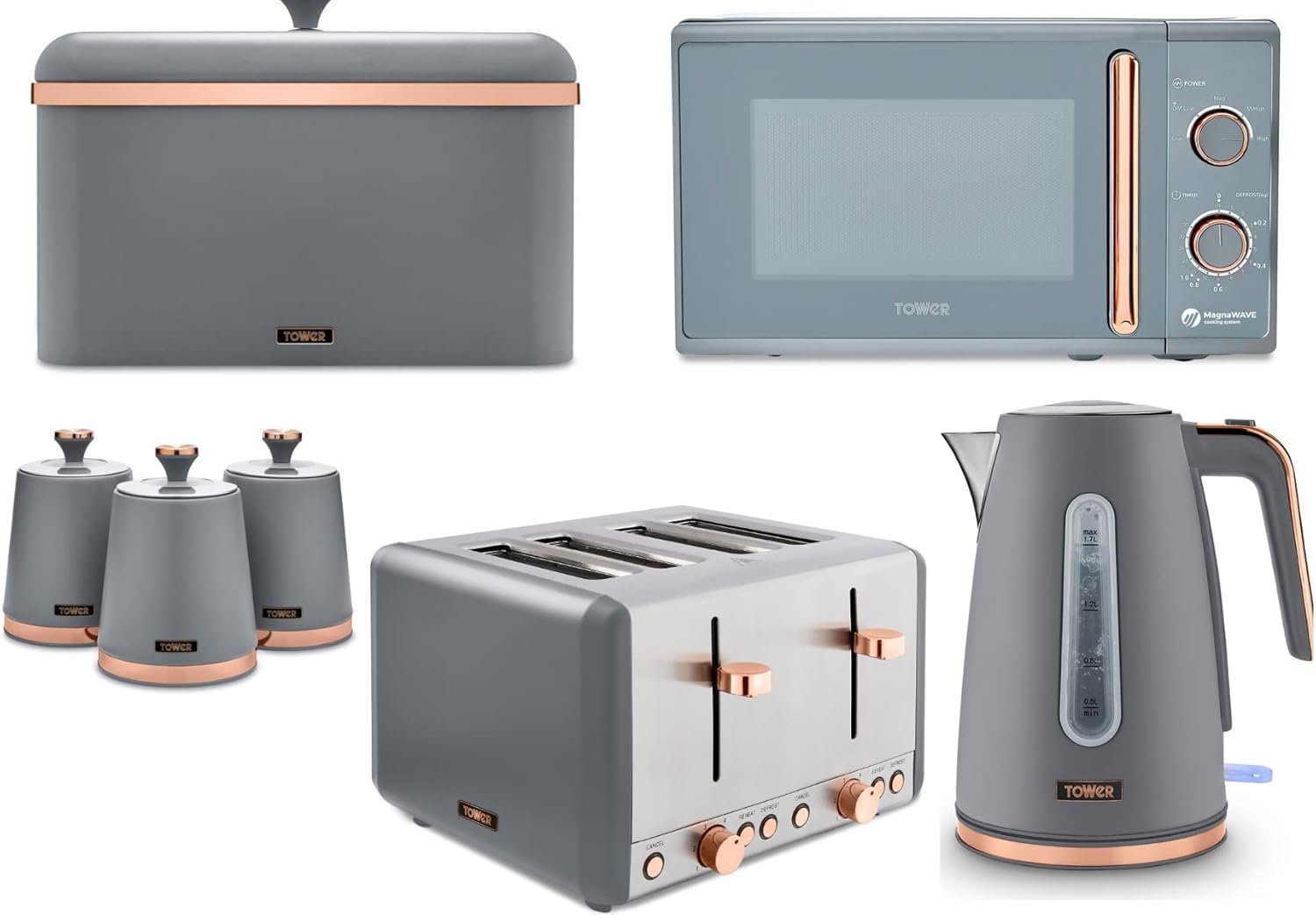 Tower Cavaletto Grey & Rose Gold Kitchen Set of 7 Including Jug Kettle, 4 Slice Toaster