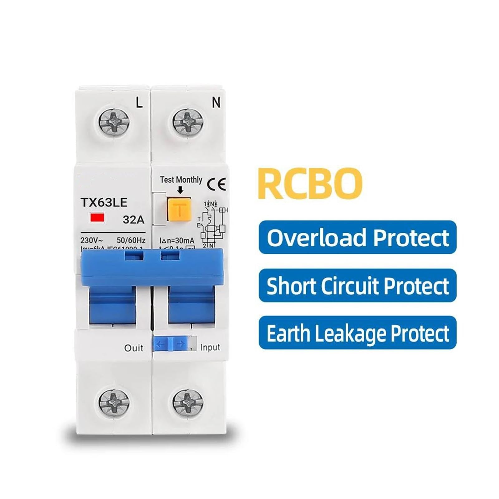 Interruttore differenziale 230V 2P MCB 30mA Protezione da sovraccarico, cortocircuito, dispersione di corrente Protezione RCBO RCCB RCD 16A 32A 63A(50A)