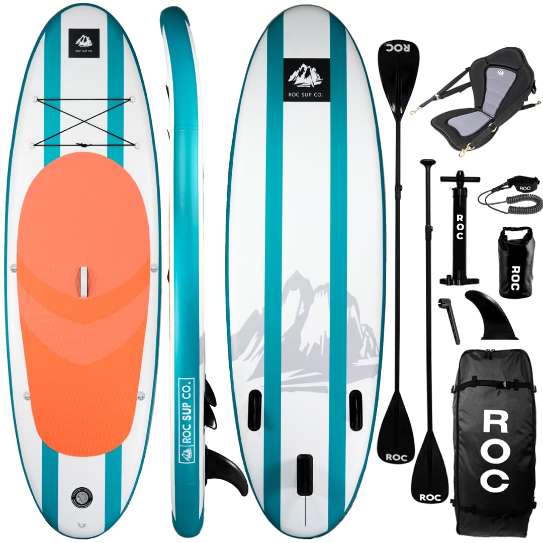 RocInflatable Stand Up Paddle Boards with Premium SUP Paddle Board Accessories, Wide Stable Design, Non-Slip Comfort Deck for Youth & Adults
