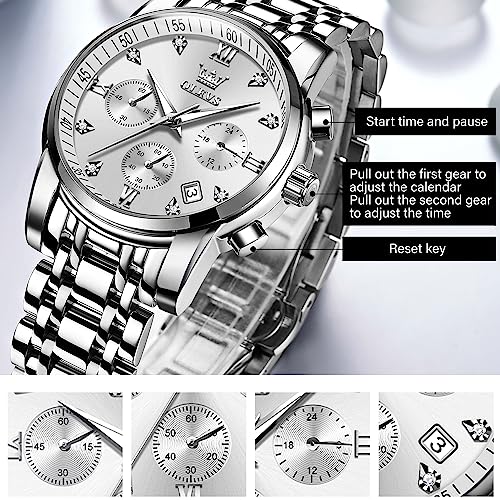 Image of OLEVS Men's Waterproof Watches Stainless Steel Waterproof Chronograph Wrist Watches Luxury Dress White Luminous Big Face Analog Quartz Male Watches
