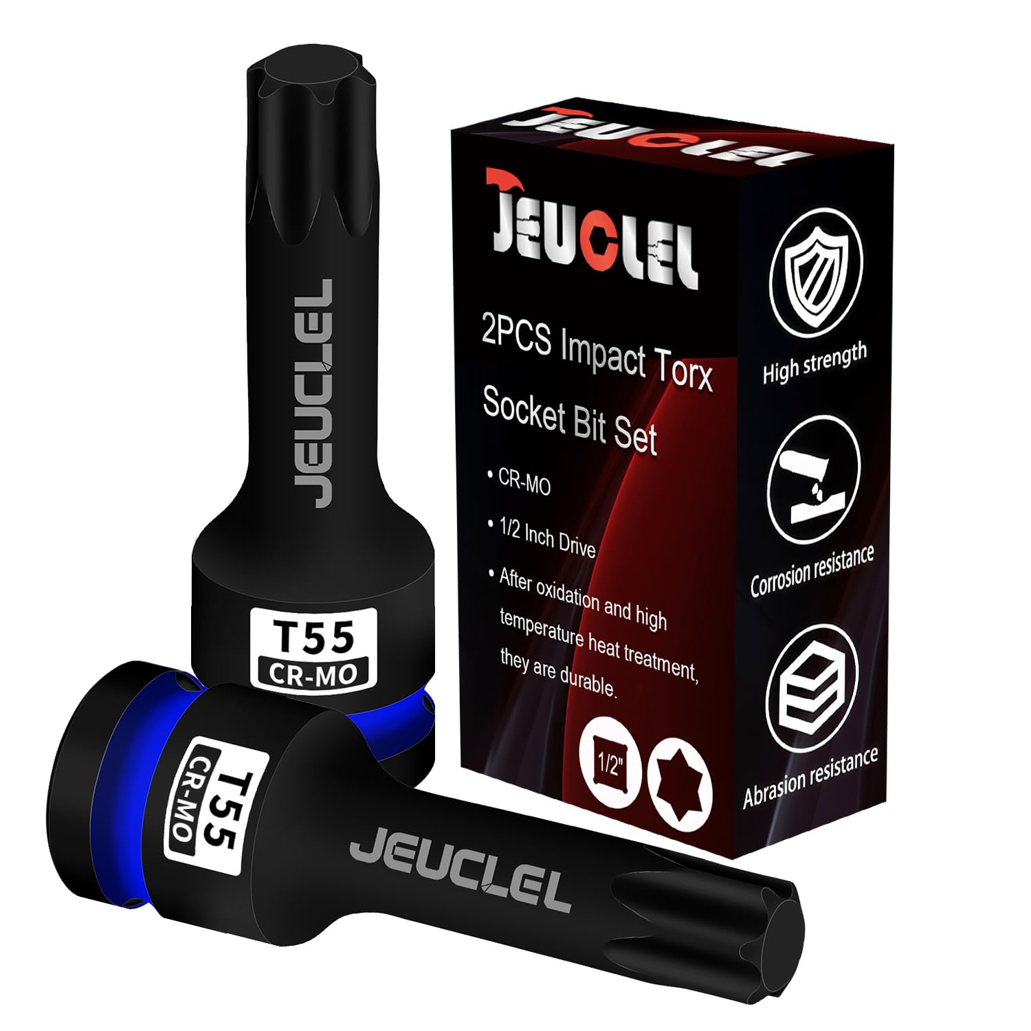 JEUCLEL 2Pcs T55 Torx Bit Socket, 1/2" Drive Torx Star 6 Point Impact Bit Socket, 3-Inch, Cr-Mo Steel, Screwdriver Adapter for Electric Ratchet
