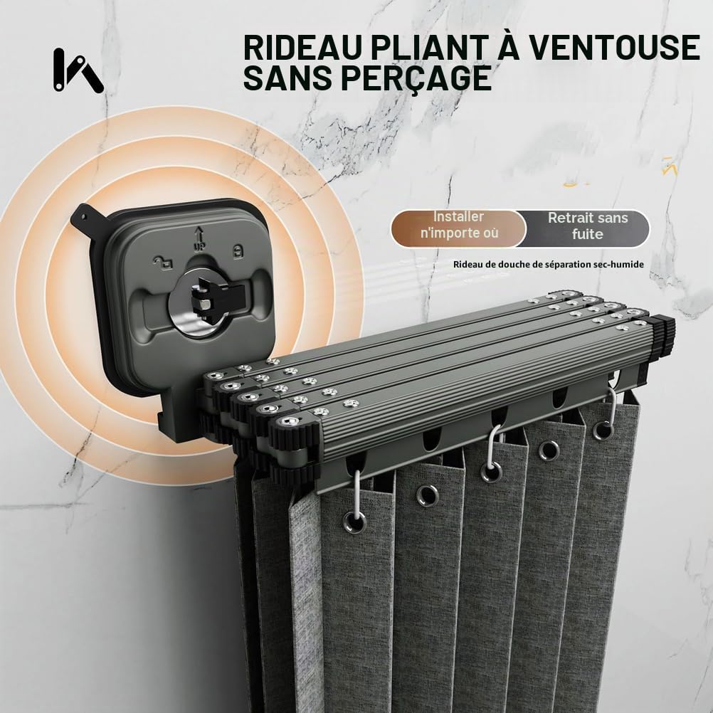 Générique Rideau De Douche sans Perçage avec Tringle,Tringle à Rideau De Douche en L/U,Ventouse Ultra-Puissante,Rideau De Douche Pliable, à Angle Réglable,pour Baignoire,Light Gray,5 Folds