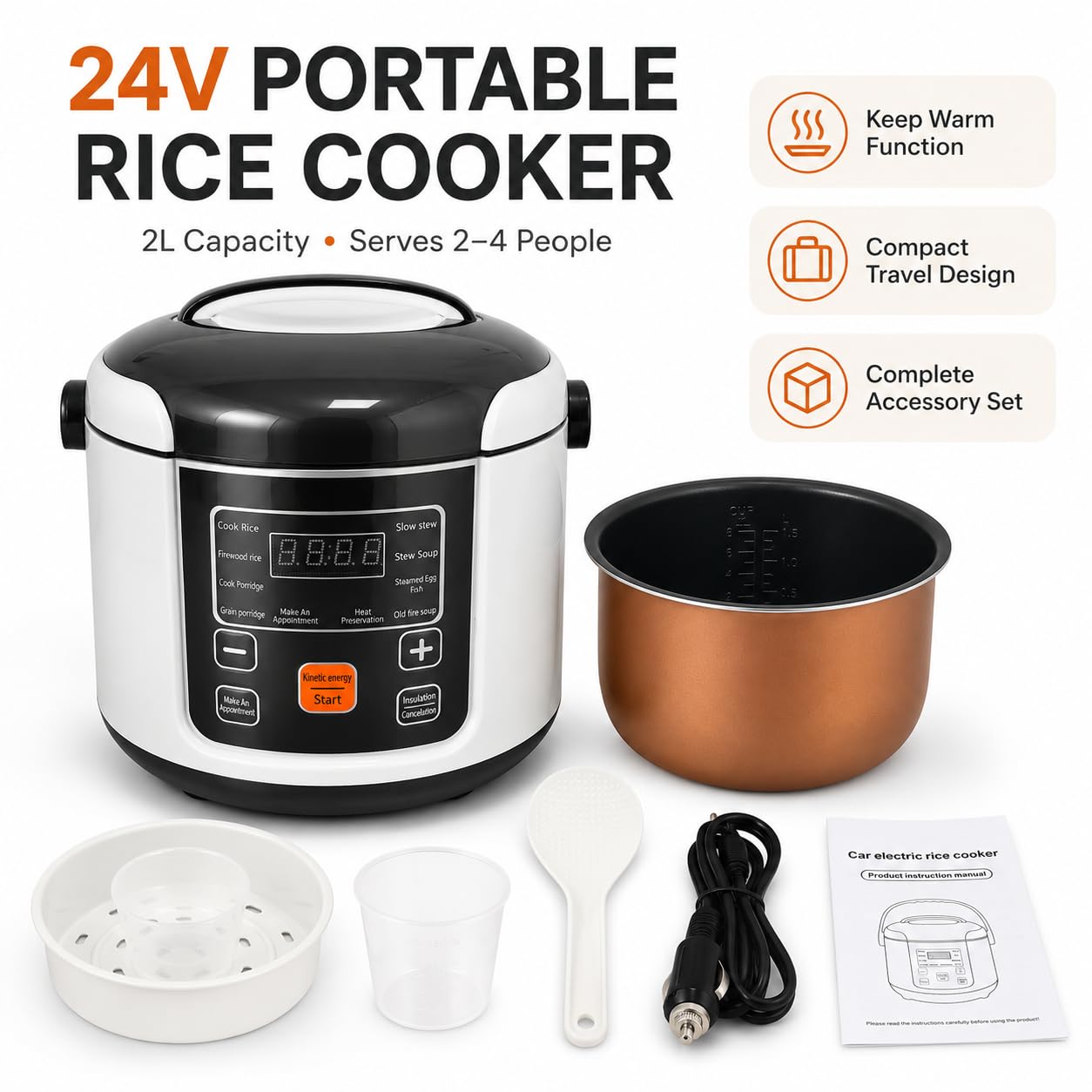 Respicefinem Mini Cuociriso Elettrico 2L Piccolo Cuociriso Elettrico Con Funzione Mantiene In Caldo Per Viaggi, Campeggio E Uso Domestico Adatto Per 2 A 4 Persone 24V (24 V)