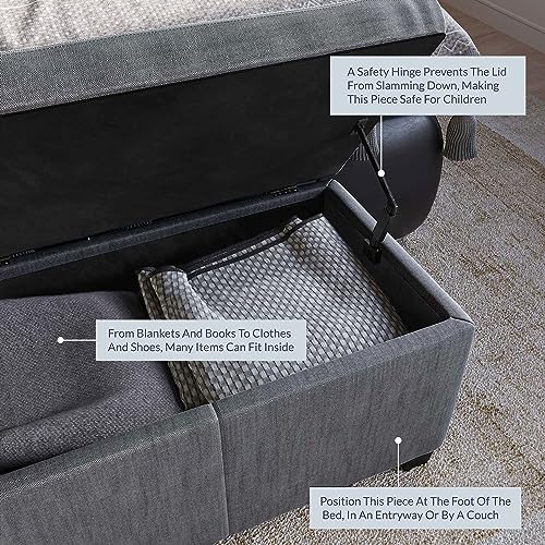 Image of BELLEZE Storage Ottoman, 47 Inch Bench Bedroom Bench with Safety Close Hinge, Extra Long Ottoman with Storage for Living Room, Entryway, Hallway, Foot Rest, Support 300lbs - Gray