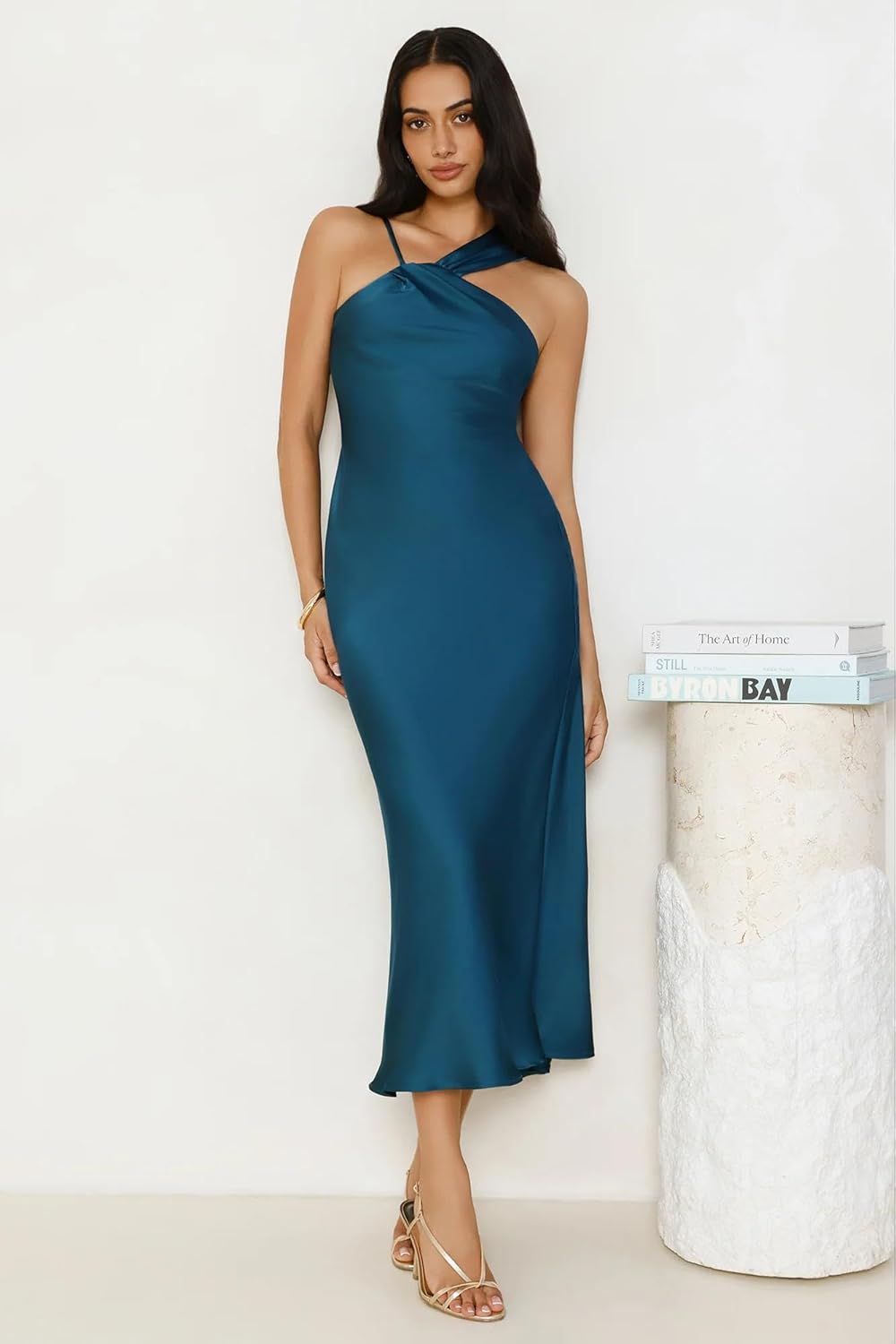 Summer Satin Halter Neck Midi Dresses for Women 2026 Formal Elegant Sleeveless Wedding Guest Dress - Image 2