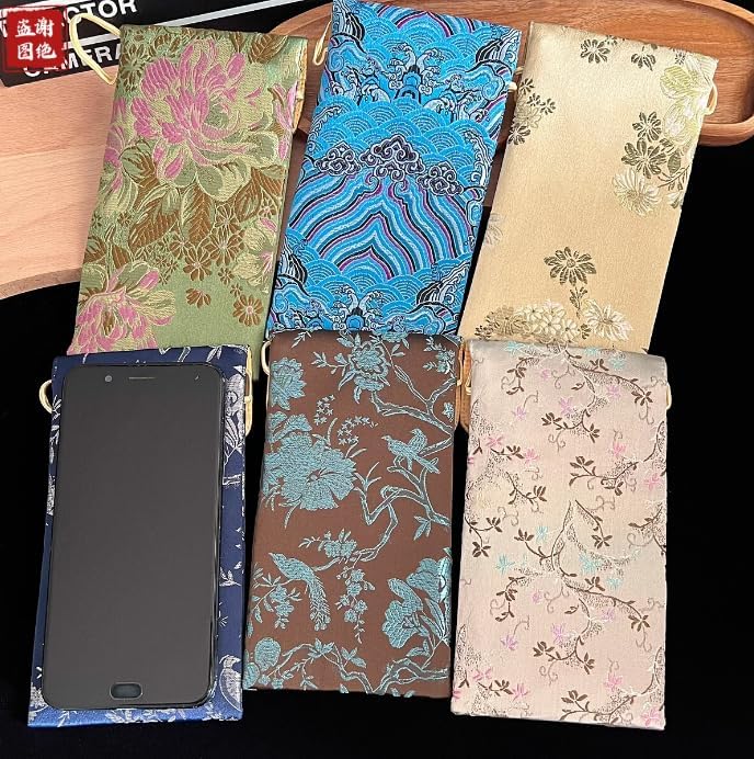 Fine Button Neck Rope Universal Cell Phone Purse Cover Women Glasses Storage Bag Chinese Silk Brocade Cloth Pouch 3 Pcs