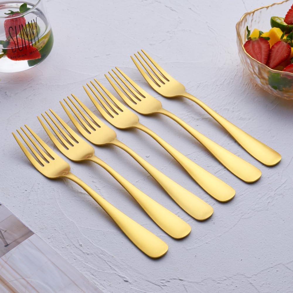 Matte Gold Dinner Fork Set, GoGeiLi 8.0-inch Stainless Steel Satin Finish Fork Silverware, Gold Flatware Table Fork Set of 6, Dishwasher Safe — Amazon image 4