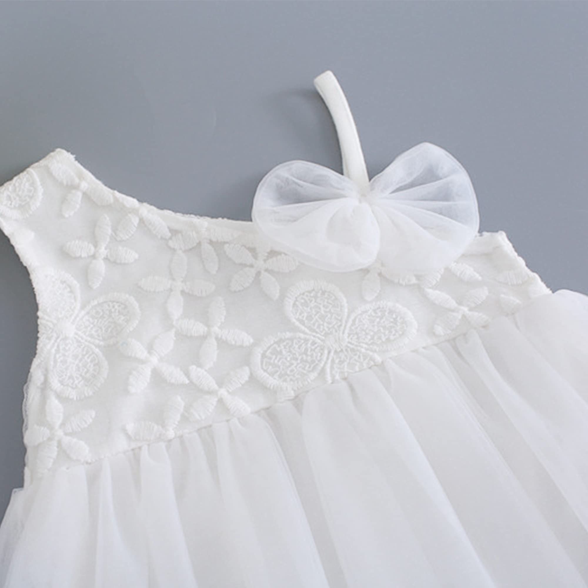 Neonato Bambina Morbido Cotone Abito in Tulle Abito in Pizzo Abiti da Principessa Estivi Monospalla Senza Maniche con Ricamo di Fiori a Fiocco - Bianco Tinta Unita per 0-24 Mesi