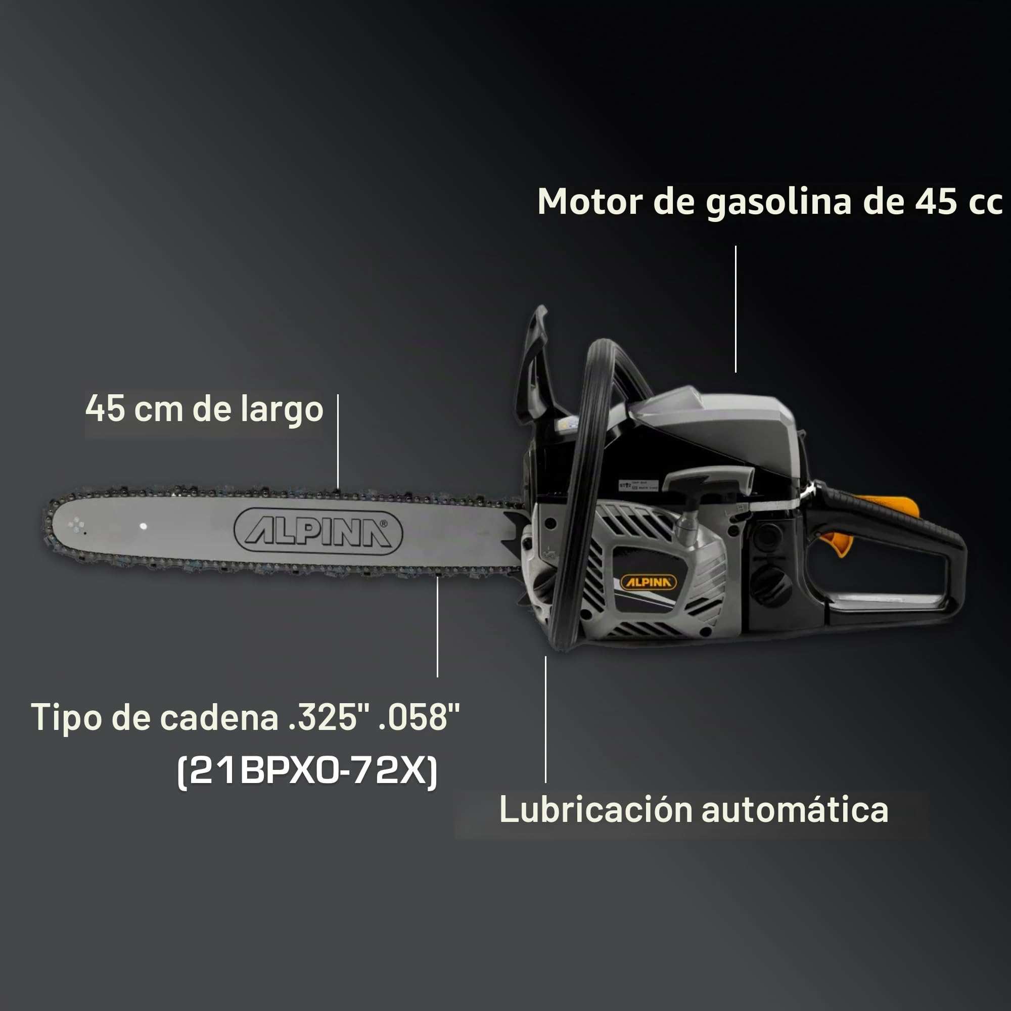 Alpina Motosierra de gasolina ACS 46 (18)’’, Para uso doméstico de corte de leña, Barra de corte 45 cm (148’), Motor de gasolina 45 cc, 1800 W, Velocidad de cadena 21 m/s, Bomba de aceite ajustable