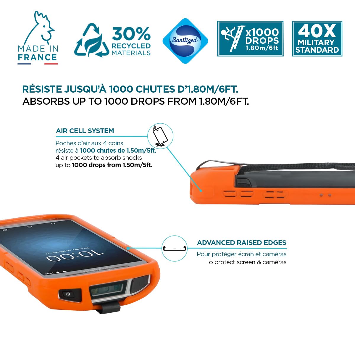 MOBILIS Custodia per terminale Zebra TC51 TC52 TC56 TC57 con zampa di sequestro e porta penna, custodia rinforzata protezione militare, prodotta in Francia, Antimicrobico, arancione fluorescente