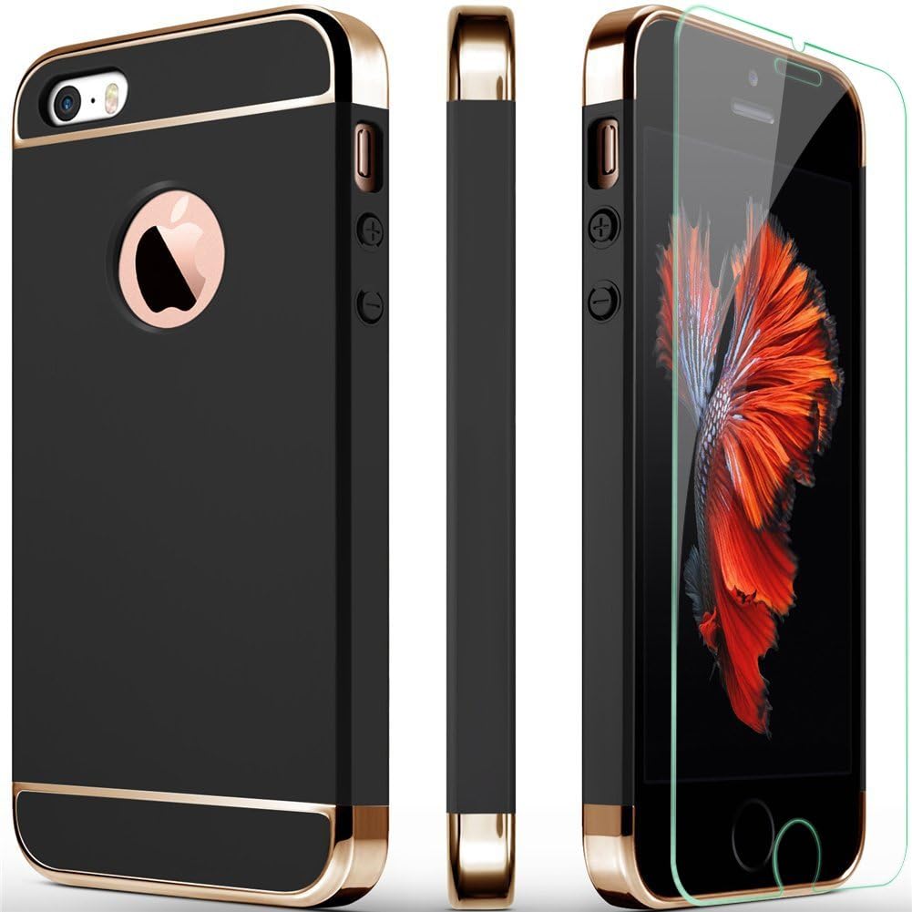COOLQO Compatible for iPhone 5S/5/SE Case, 3in1 Ultra-Thin Hard Matte Finish Plastic [Tempered Glass Screen Protector] Shockproof Electroplate Cover Skin - Black
