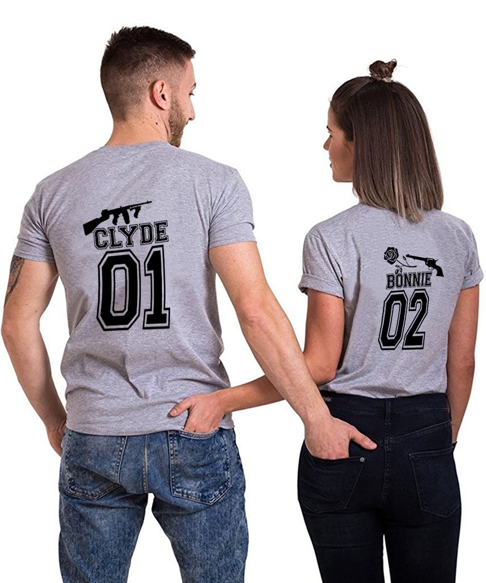 WASJMCSSClyde & Bonnie Couple T-Shirt, Women's and Men's Couple T-Shirt, Gift for Him and Him for Valentine's Day, Anniversary, 1 Piece, Clyde1-Grey-XL