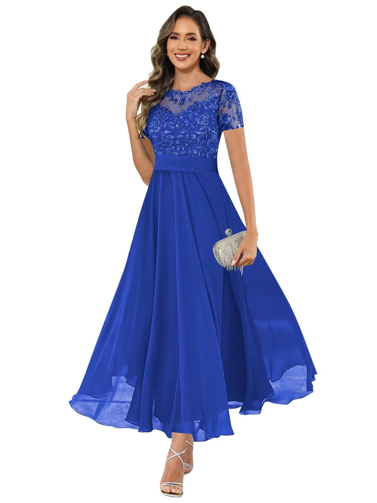 HANVAIOS Mother of The Bride Dresses for Women Short Sleeve Lace Appliques Long Chiffon Formal Dress