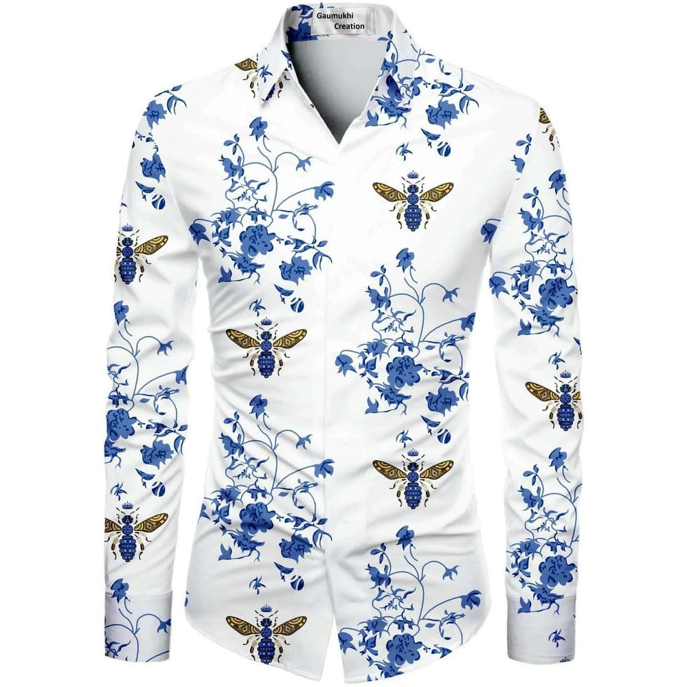 ZBDP - Camicia a maniche lunghe da uomo con stampa a farfalla, stile casual, in poliestere, con colletto hawaiano