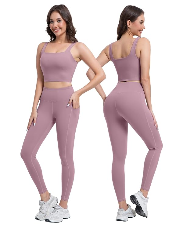 SALSPOR 3 Piece Workout Sets for Women High Waisted Leggings with Pockets Tummy Control Biker Shorts Yoga Sports Bra(3YFTZ-Lilac Pink-2XL) by SALSPOR - Image 3
