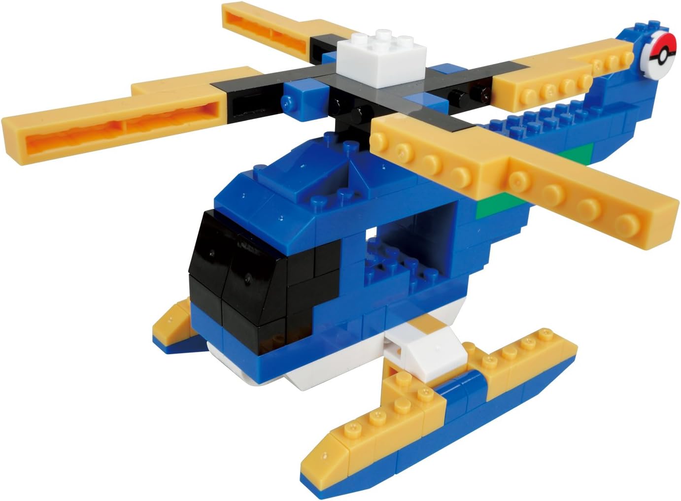Assembled nanoblock+ helicopter model with a Pokeball on the tail