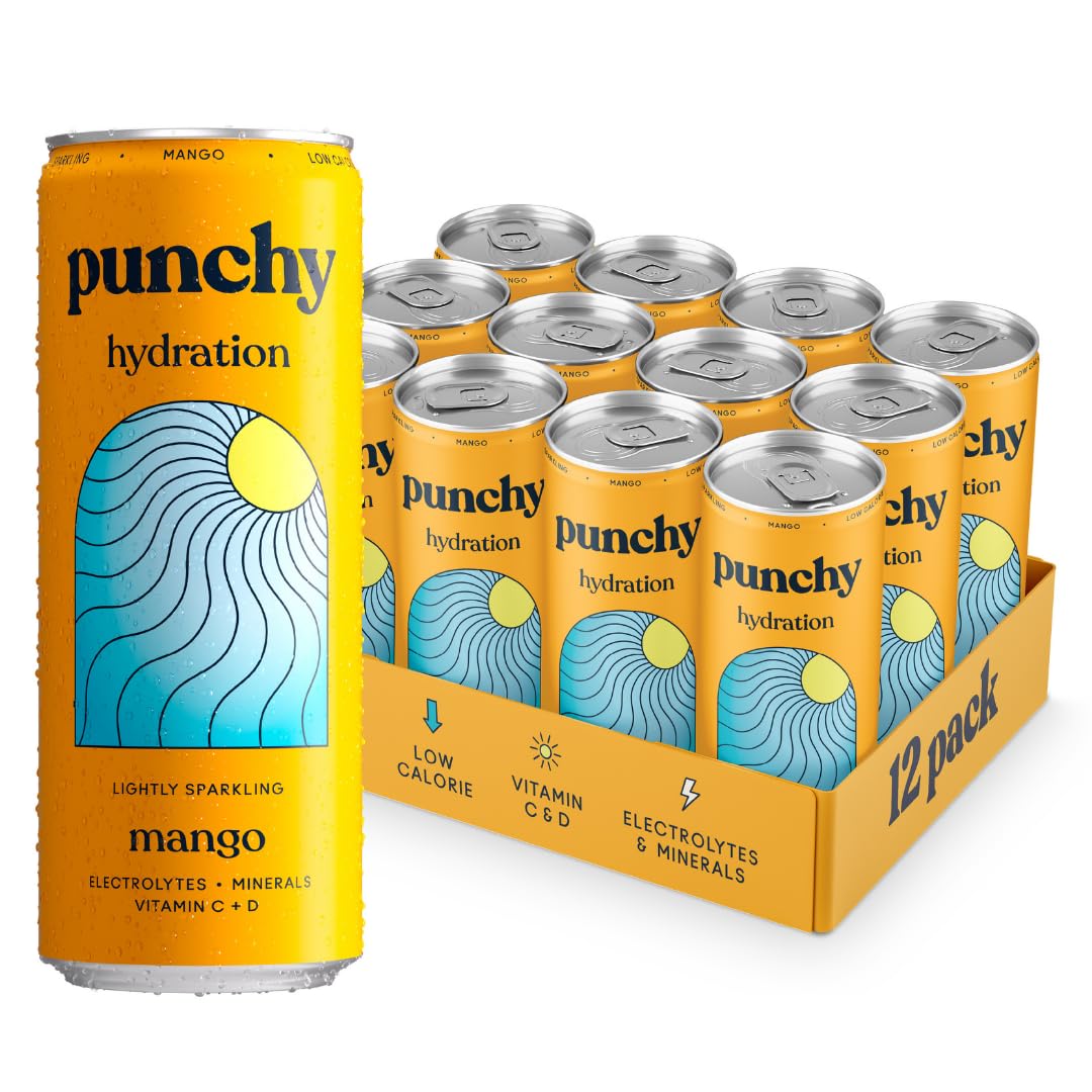 Punchy Drinks - Mango - Everyday Hydration, Lightly Sparkling, Essential Electrolytes, Minerals, Vitamins, Real Fruit, Supports Immunity, Caffeine Free, Aids Muscle Function, Low Calorie - 12 x 330ml