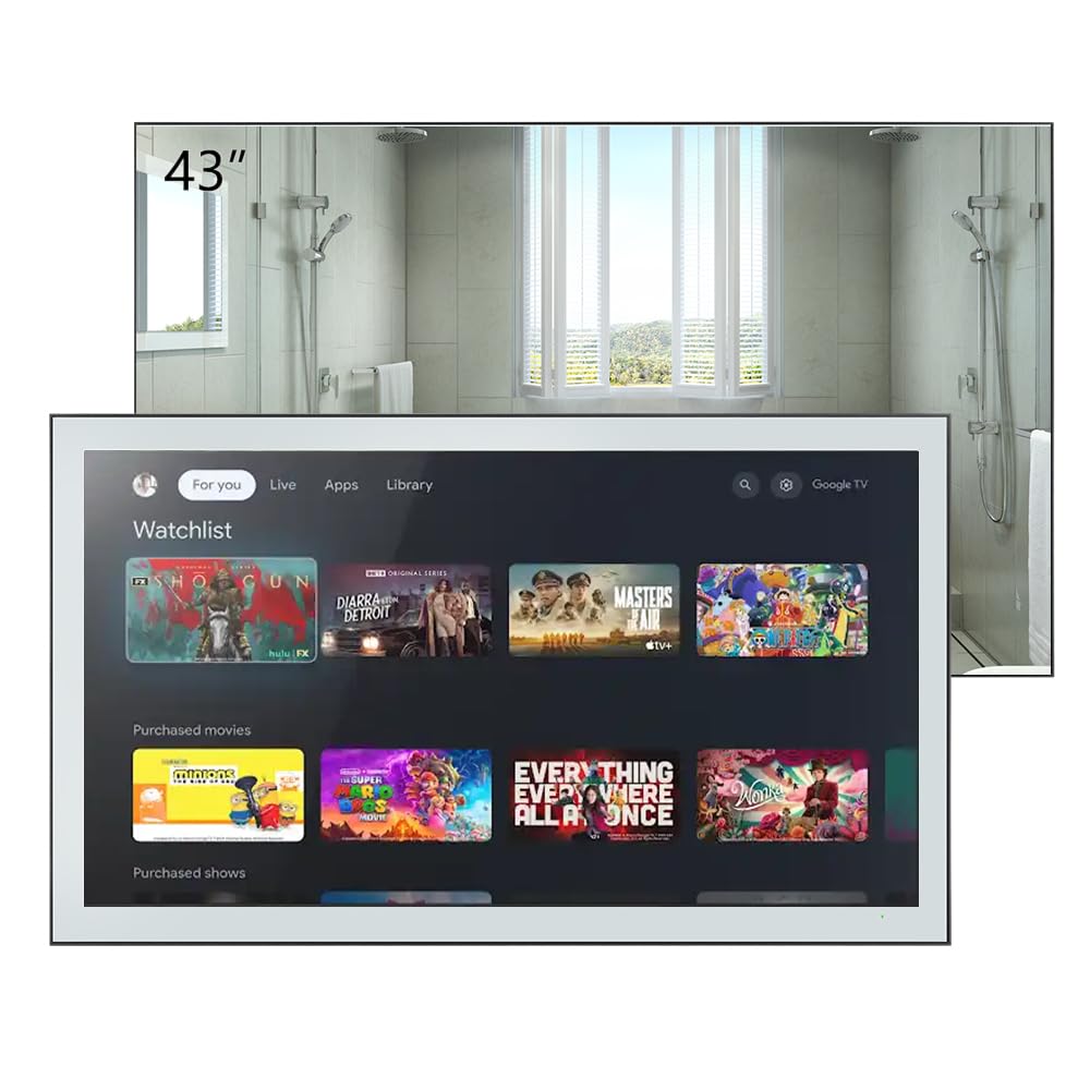 elecsung 43-inch Smart Mirror Bathroom TV displaying a smart TV interface