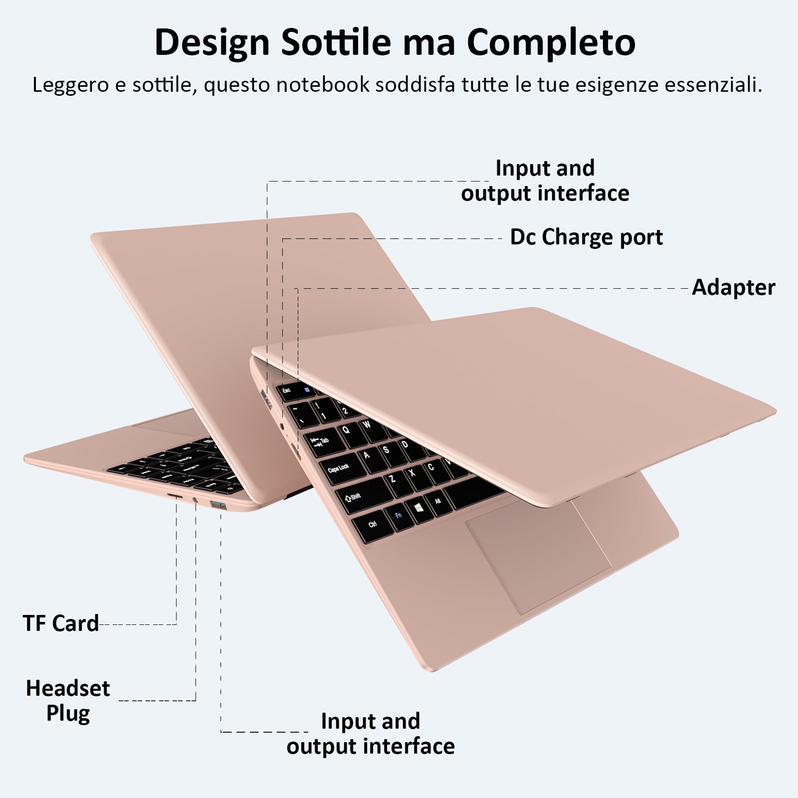bvate PC Portatile 14 pollici Notebook Win 11 upto 2.8 GHz 256 GB ROM Supporta l'espansione SSD 1TB Celeron N4020 2.4G+5G WiFi 4.2 USB HDMI Tastiera italiana membrana mouse senza fili-Gold