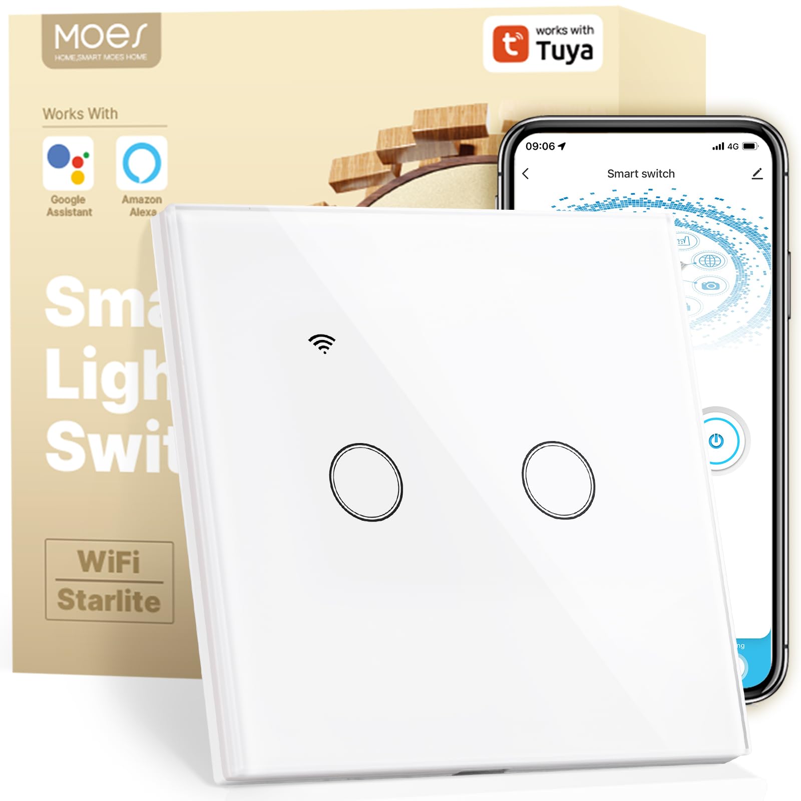 MOES Interruptor de Luz Inteligente WiFi Táctil, 1 Vía y 2 Botón con Panel de Cristal, Compatible con Alexa y Google Home, funciona con Smart Life y Tuya. Solo para redes 2.4GHz, Blanco
