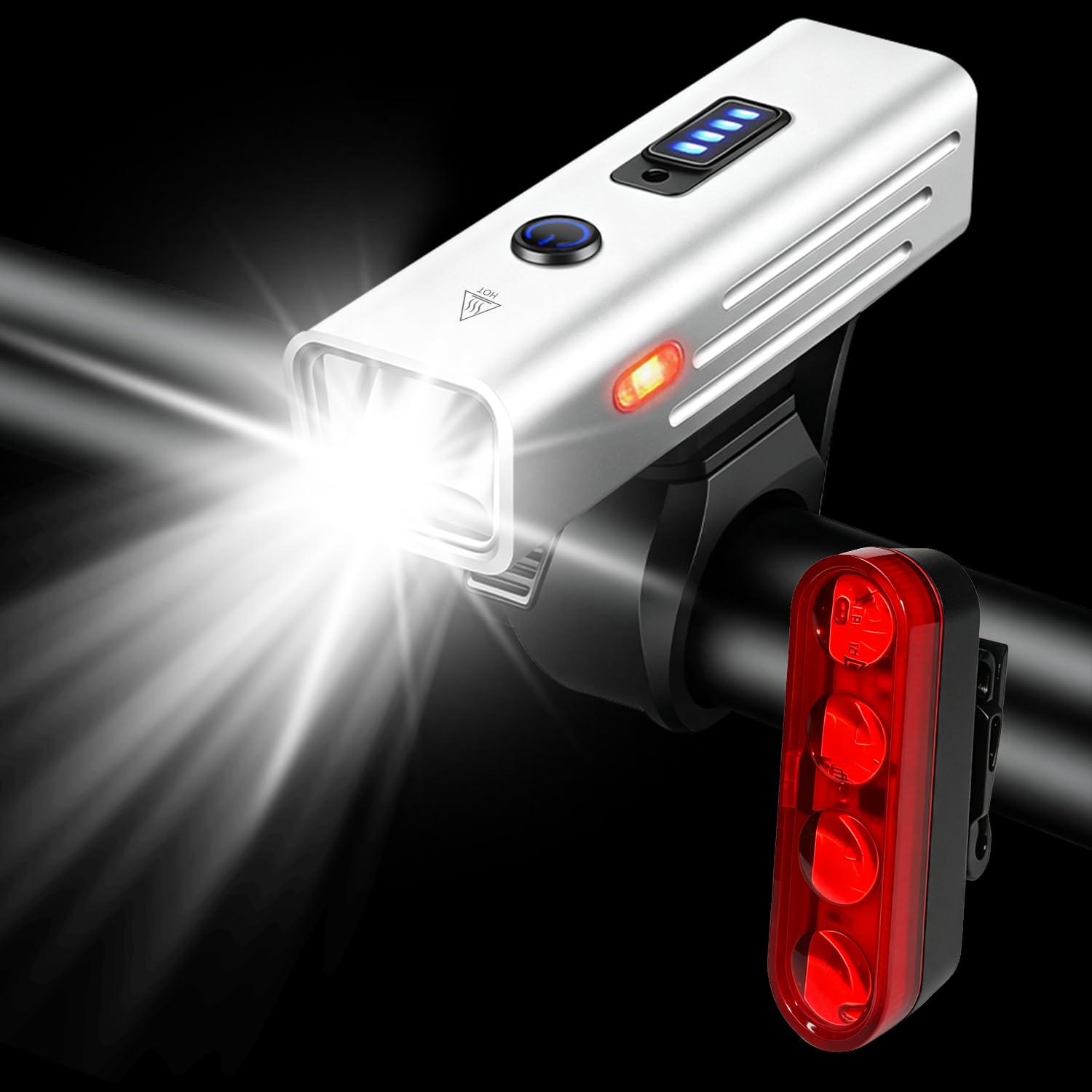 LEDSUUEI Bike Light for Night Riding, Rechargeable Bicycle Lights Front and Back, 4 Light Modes, Easy to Install for Road & Commuter Cycling (Silver)