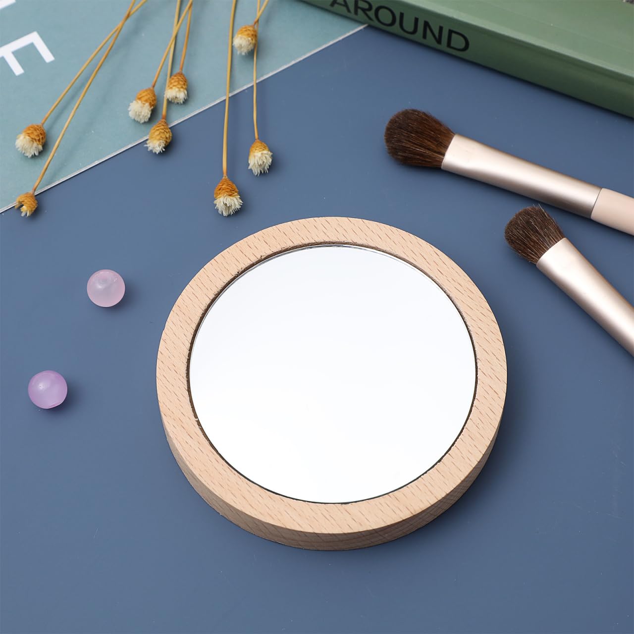 Confezione da 2 piccoli specchietti tascabili in legno, rotondi, compatti, portatili, per borsa da donna da 6 5 cm e 7 5 cm, ideale per bambini e bambini